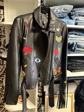NWT Aqua Women’s Black Embroidered Leather Biker Jacket